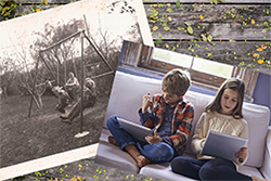 An old photo of children playing outdoors on a swing set and a new photo of children playing video games inside.